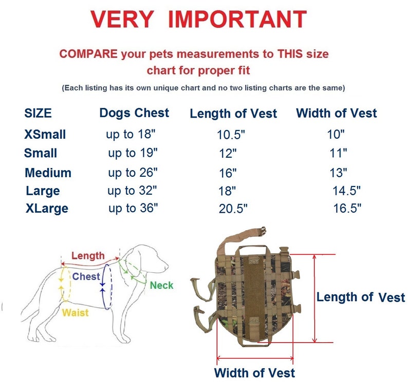 May include: A size chart for a dog vest, showing the measurements for the chest, length, and width of the vest in inches. The chart includes sizes from X-Small to X-Large. The image also shows a diagram of a dog wearing the vest, with the measurements labeled.