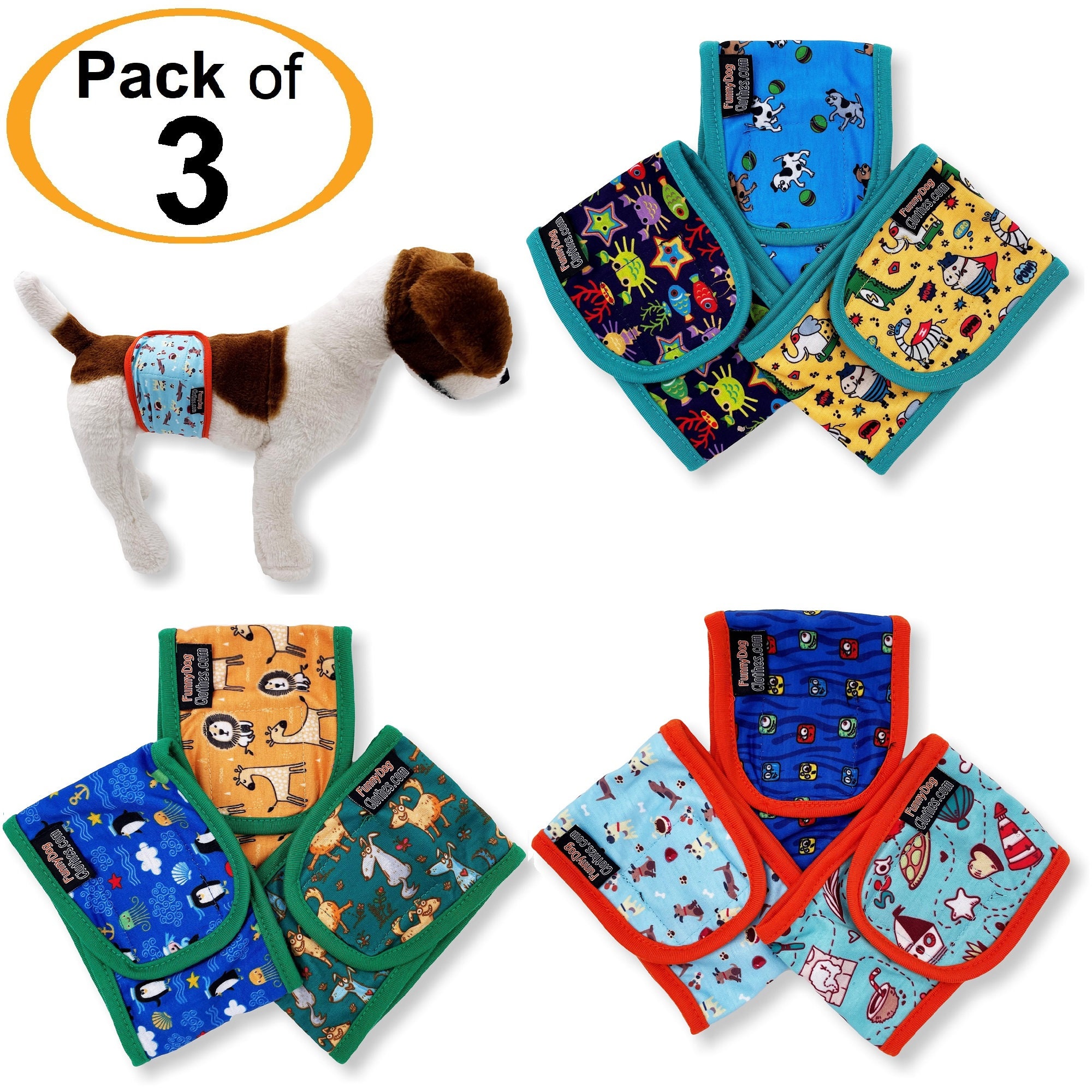 FunnyDogClothing Pañales Para Perro Macho - Juego De 3, Reutilizables Para Razas Pequeñas