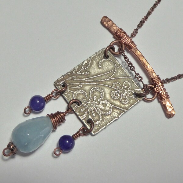 Copper and Etched Pendant Necklace - Asian-inspired, Amazonite and Amethyst