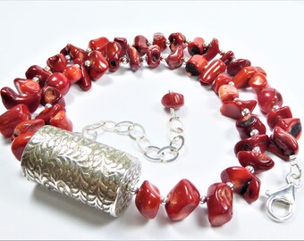 Red Coral Nuggets and Sterling Cylindrical Hollow Form Bead Necklace