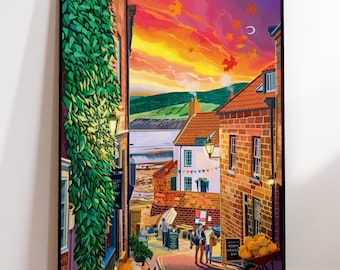 May include: A painting of a narrow street in a seaside town with colorful buildings and a sunset sky. The street is lined with ivy and there are people walking down the street. There are pumpkins and gourds in a wheelbarrow at the bottom of the street.