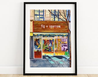 Fig and Sparrow, Manchester Artwork Print, Oldham St, Manchester Wall Art, Northern Quarter, Manchester Travel Poster, A4, A3, A2