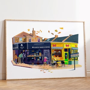May include: A colorful illustration of two shops on a street corner. The shop on the left is called "Slow Rise Bakery" and sells bagels, bakes, and coffee. The shop on the right is called "Deli" and has a green sign that says "Horseforth". There are falling leaves in the background.