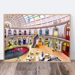 May include: A colorful illustration of a large, domed building with a central staircase. The building has a circular layout with multiple levels and windows. People are depicted walking around the building, and there are tables and chairs set up in the center.