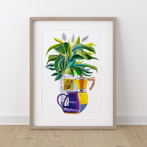 Leeds Art Print, Kapow Coffee, Made In Leeds, Cafetiere, Ceramic Mug, Coffee Plant Art, Peace Lily Art, Leeds Gift Idea, A3, A4