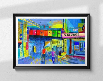 Leeds Lower Briggate - LGBT+ Artwork, Illustration, West Yorkshire, Call Lane, Viaduct Showbar, Gay, Rainbow, Sunset - A4 or A3 Size Print