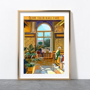 May include: A painting of a cafe interior with a large arched window, tiled walls, and a person sitting at a table. The cafe is called "Leeds Tiled Hall Cafe".