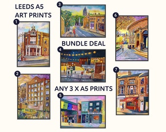 Any 3 x A5 Leeds Artwork Prints, Mix and Match Set, Leeds Artwork Bundle, Gallery Wall Display,