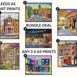 3 x A5 Leeds Kunstwerke, Mix und Match Set, Leeds Kunstwerk Bundle, Galerie Wandbild,