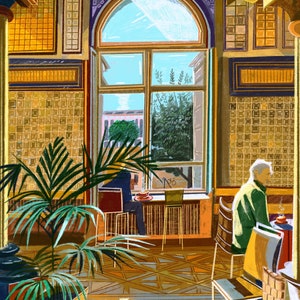 May include: A cafe interior with a large arched window, tiled walls, and a potted palm tree. The cafe is called "Leeds Tiled Hall Cafe".