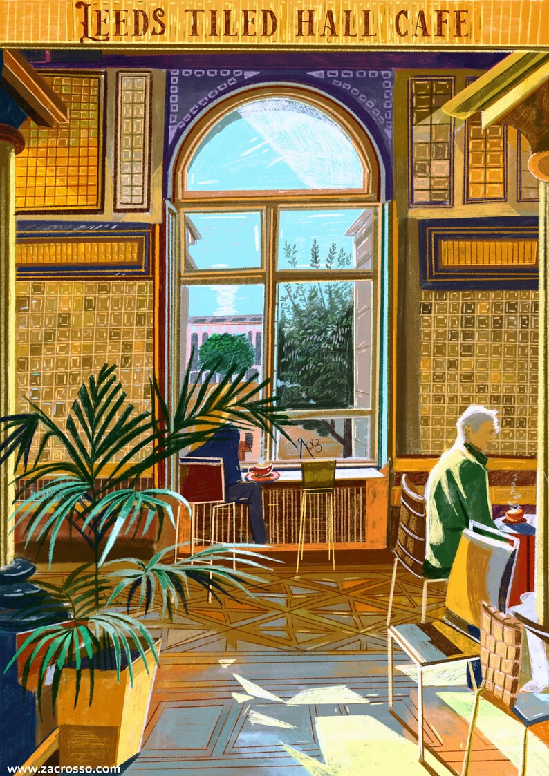 May include: A cafe interior with a large arched window, tiled walls, and a potted palm tree. The cafe is called "Leeds Tiled Hall Cafe".