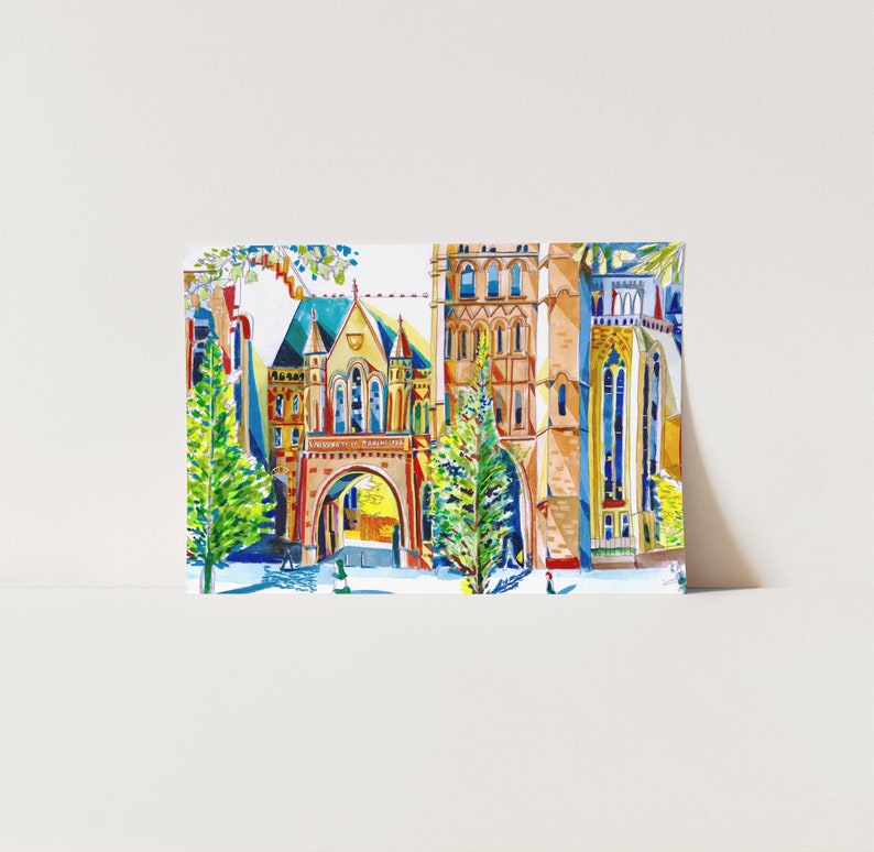 May include: A watercolor painting of a university building with a large archway and two trees in front. The building is painted in shades of red, orange, yellow, and blue. The trees are green and the sky is blue.