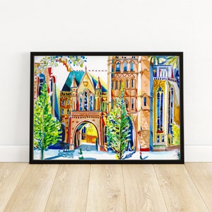 May include: A watercolor painting of a colorful building with an archway and trees. The building is painted in shades of red, orange, yellow, and blue. The trees are green and the sky is blue.