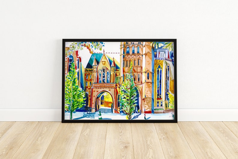 May include: A watercolor painting of a colorful building with an archway and trees. The building is painted in shades of red, orange, yellow, and blue. The trees are green and the sky is blue.