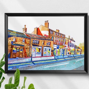 Puede incluir: Una pintura de acuarela de una fila de edificios de ladrillo coloridos con escaparates. Los edificios tienen letreros que dicen "De Bath" y "Gemman".