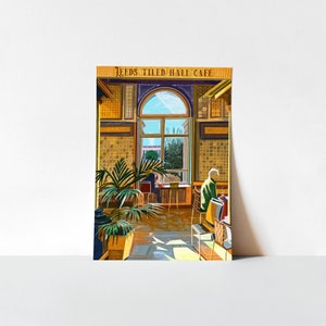 May include: A vintage postcard featuring a cafe interior with a large window, tiled walls, and a person sitting at a table. The text "Leeds Tiled Hall Cafe" is printed at the top of the postcard.