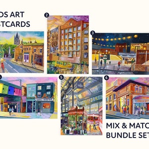 Leeds Artwork A6 Postcard Sets, Mix and Match Leeds Postcards, Pack of 5, Pack of 10, Pack of 15, Pack of 25, Leeds Postcard Bundle