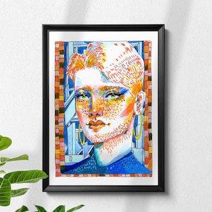 May include: A colorful illustration of a person with short, orange hair, green eyes, and a blue shirt. The person is wearing large gold hoop earrings. The background is a geometric pattern of blue, orange, and brown.