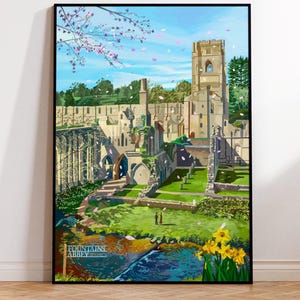 Pode incluir: Uma ilustração colorida da Abadia de Fountains em Yorkshire, Inglaterra. A abadia é cercada por vegetação exuberante e um rio que flui. A placa diz "Fountains Abbey".