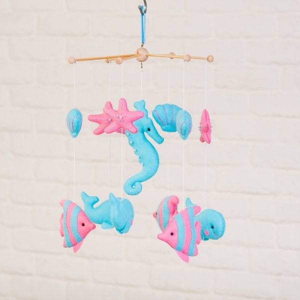 READY TO SHIP - Marine Mobile, Sea Mobile, Baby Mobile, Mobile, Nursery Mobile,  Felt Mobile, Blue and Pink Mobile, Crib Mobile