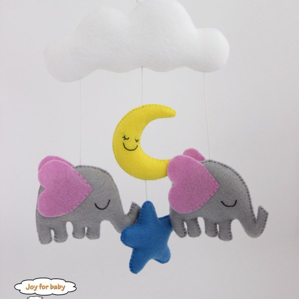 Elephants with Moon,Star Mobile, Mini Nursery Mobile, Nursery Decor, Felt Mobile,Decoration for the Nursery Strollers, Cribs and Car Seats