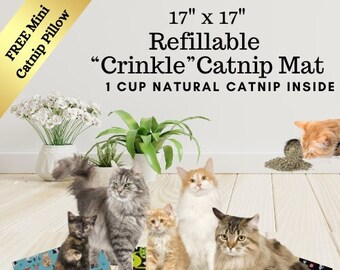 17 x 17 Refillable Catnip Blanket, All Natural Catnip, Cat Gifts,  Pet Gifts, Catnip Mat, Catnip Toys for Cats, Wash/Dry Catnip Mat