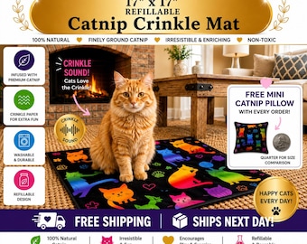 Interactive Catnip Crinkle Mat, Refillable (17” Handmade Toy)