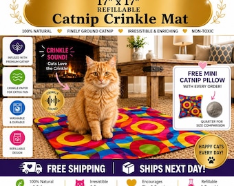 Crinkle Catnip Cat Blanket, Soft Interactive Toy, Washable, 17x17 Inches