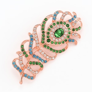 SALE - 2 3/4&quot; H Green Feather Brooch, Rose Gold Feather Pin, Green Blue Feather Brooch, Multi Color Feather Pin.