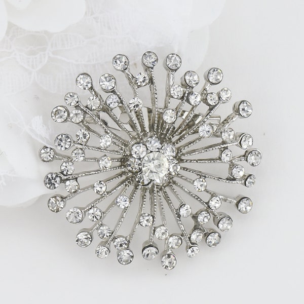 SALE - 2" DIY Silver Bouquet Brooch, Wedding Cake Decor, Dress Sash Pin, Crystal Silver Round Brooch.