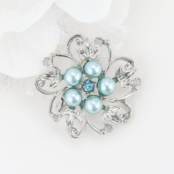 SALE - 1 1/2" Blue Pearl Wedding Brooch Silver, Blue Wedding Bouquet Brooch, Baby Blue Bridal Sash PIn Brooch, Blue Silver Pearl Brooch Pin.