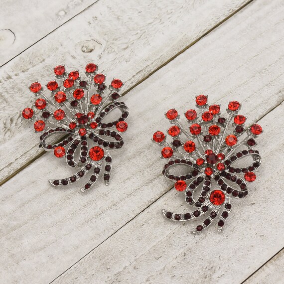 SALE 56mm Red Rhinestone Floral Brooch, Dress Sash Pin Women