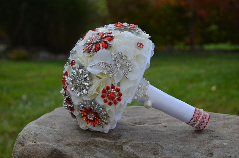 Ready to Ship 7 Wedding Brooch Bouquet Crystal, Ivory Silk Floral Bouquet, Bridal Bouquet Jeweled, Floral Brooch Bouquet. image 3