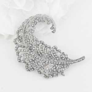 SALE - DIY Bouquet Corsage Brooches, Wedding Cake Pins, Dress Sash Pins, 3&quot; H Clear Silver Feather Brooches, Buy More Save More Brooches.