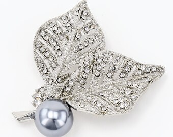 2" H Silver Gray Pearl Brooch, Crystal Silver Brooch, Wedding Brooch, Bouquet Brooch, Bridal Sash Pin.