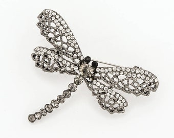 2" H Crystal Black Dragonfly Brooch, Black Dragonfly Pin, Bouquet Brooch, Black Dragonfly, Dragonfly Brooch.