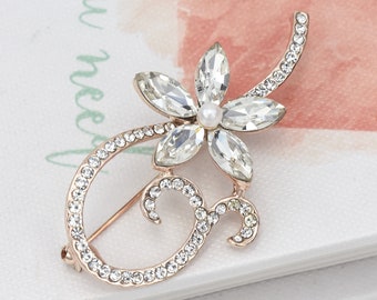 1 3/8" H Rhinestone Rose Gold Bridal Bridesmaid Brooch, Wedding Jewelry, Bridal Sash Pin, Rose Gold Bouquet Pin.