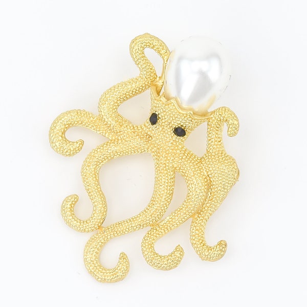 SALE - 2"H Octopus Brooch Pearl, Gold Octopus Pin, Beach Wedding Brooch Pearl, Brooch Bouquet Charm Crafts, Pearl Octopus Gold Pin.