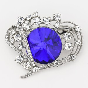 2" W Royal Blue Heart Brooch, Silver Blue Crystal Heart Brooch, Bouquet Brooch, Bridal Sash Pin, Royal Blue Pin.