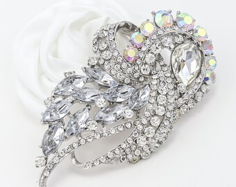 3 5/8"H Silver Aurora Wedding Brooch, Bridal Bridesmaid Brooch, Bridal Bouquet Sash Pin, Wedding Jewelry.