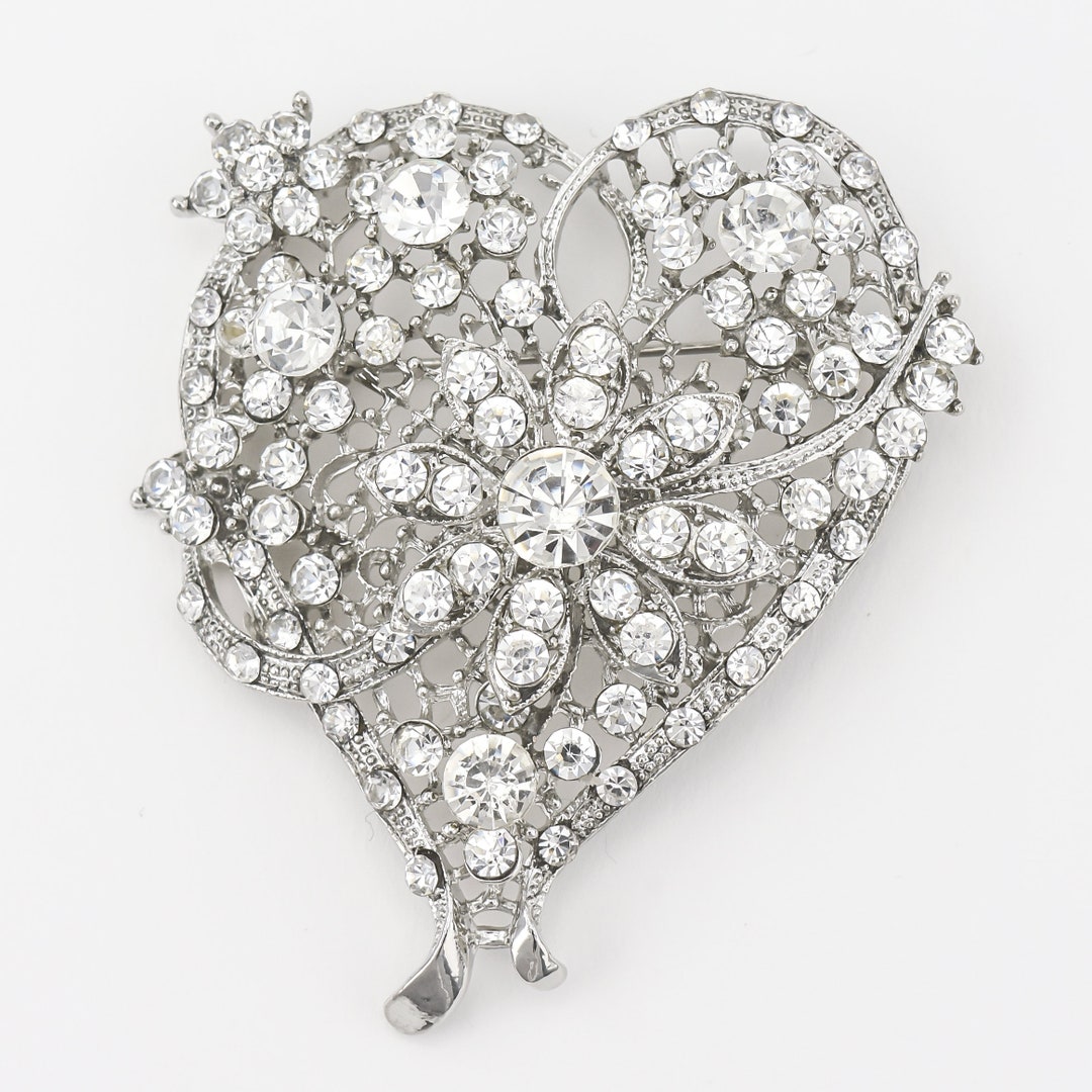 2 1/4 Crystal Heart Brooch Heart Bridal Brooch Silver Etsy
