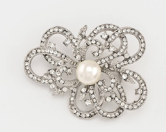 Crystal Rhinestone Brooch, Faux Pearl Brooch, Beach Wedding Brooch, Silver Crystal Pearl Brooch, DIY Jewelry, Crafts Supplies.