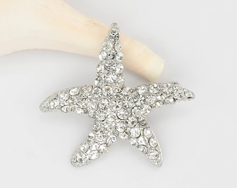 SALE - 2" Silver Starfish Brooch, Starfish Pin, Wedding Brooch, Silver Bridal Sash Brooch, Crystal Silver Starfish Pin.