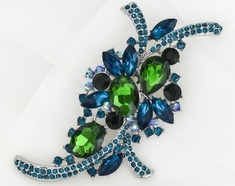 SALE - 4" Large Blue Green Brooch, Wedding Brooch, Bridal Sash Pin, Bouquet Brooch, Wedding Jewelry.