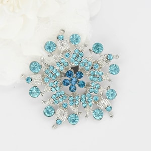 SALE - 2 1/2&quot; Blue Crystal Rhinestone Brooch, Bridal Bridesmaid Sash Brooch, Large Aqua Teal Blue Brooch, Blue Bouquet Pins, Cake Brooch.