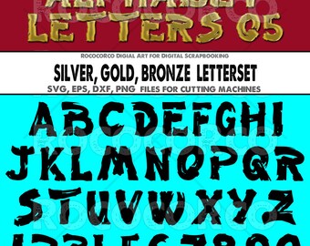 Alphabet Font Design 05. Silver, Gold, Bronze transparent PNG - 300 dpi. Includes vector files (SVG, eps, dxf, png) for cutting machines.