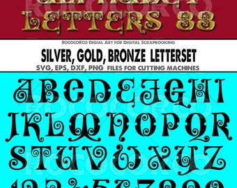 Alphabet Font Design 88. Silver, Gold, Bronze transparent PNG - 300 dpi. Includes vector files (SVG, eps, dxf, png) for cutting machines.