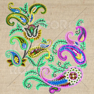May include: A colourful paisley design with green leaves and flowers. The paisley shapes are in shades of pink, blue, yellow, and brown.