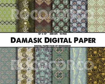 Damask Digital Paper Pack: 12 Geometric Scrapbook Patterns (Digital Download)