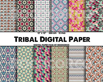 Tribal Geometric Digital Paper Pack: 12"x12" Scrapbook Backgrounds (Digital Download)